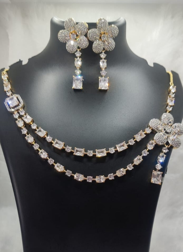 Double-Layer Floral American Diamond Necklace – Jewelskreation